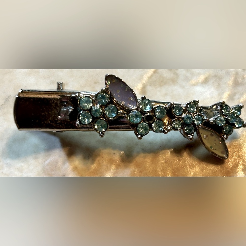 Rhinestone Hair Clip. Like New. Teal and Purple Flowers.